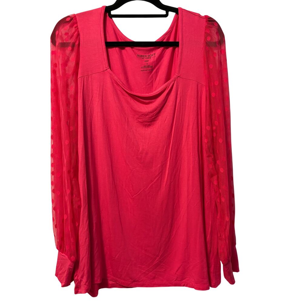 New Torrid Super Soft Knit Top Pink Square Neck Polka Dot Mesh Long Sleeve Sz 1X